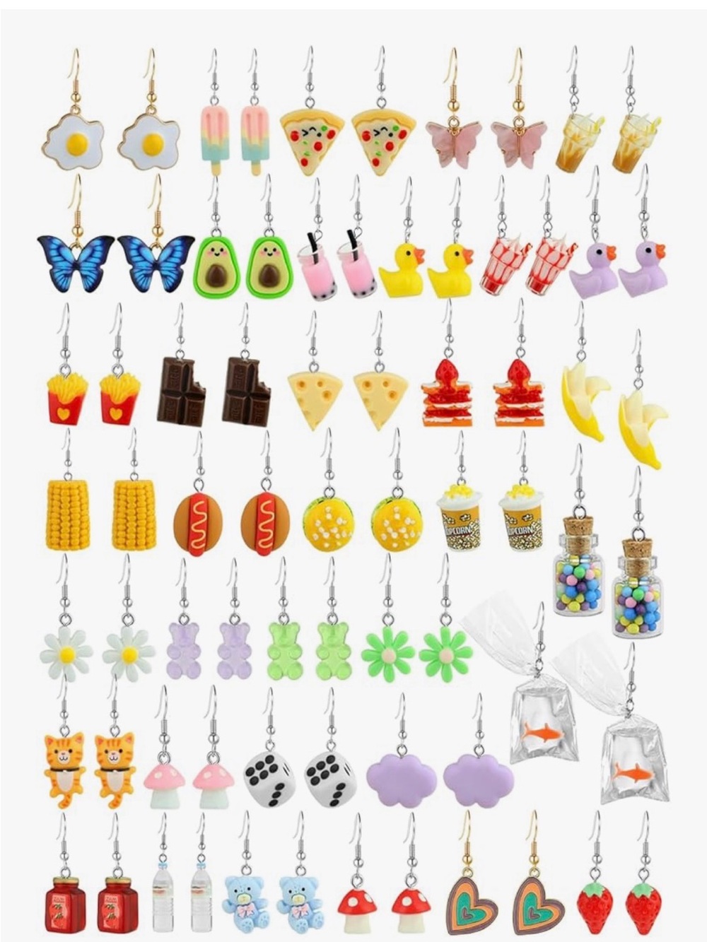 37 Colorful Novelty Earrings Set – Assorted Yellow, Pink, Blue & More
